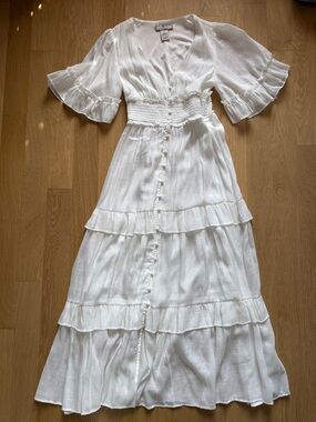 Vici White Button-Front Maxi Dress with Smocked Waist